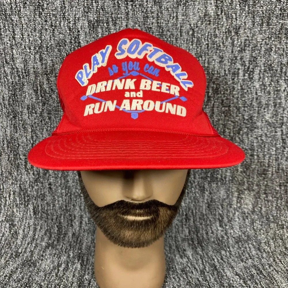 Unbranded Play‎ Softball Drink Beer Run Around Men Red Mesh Snapback Trucker Hat
